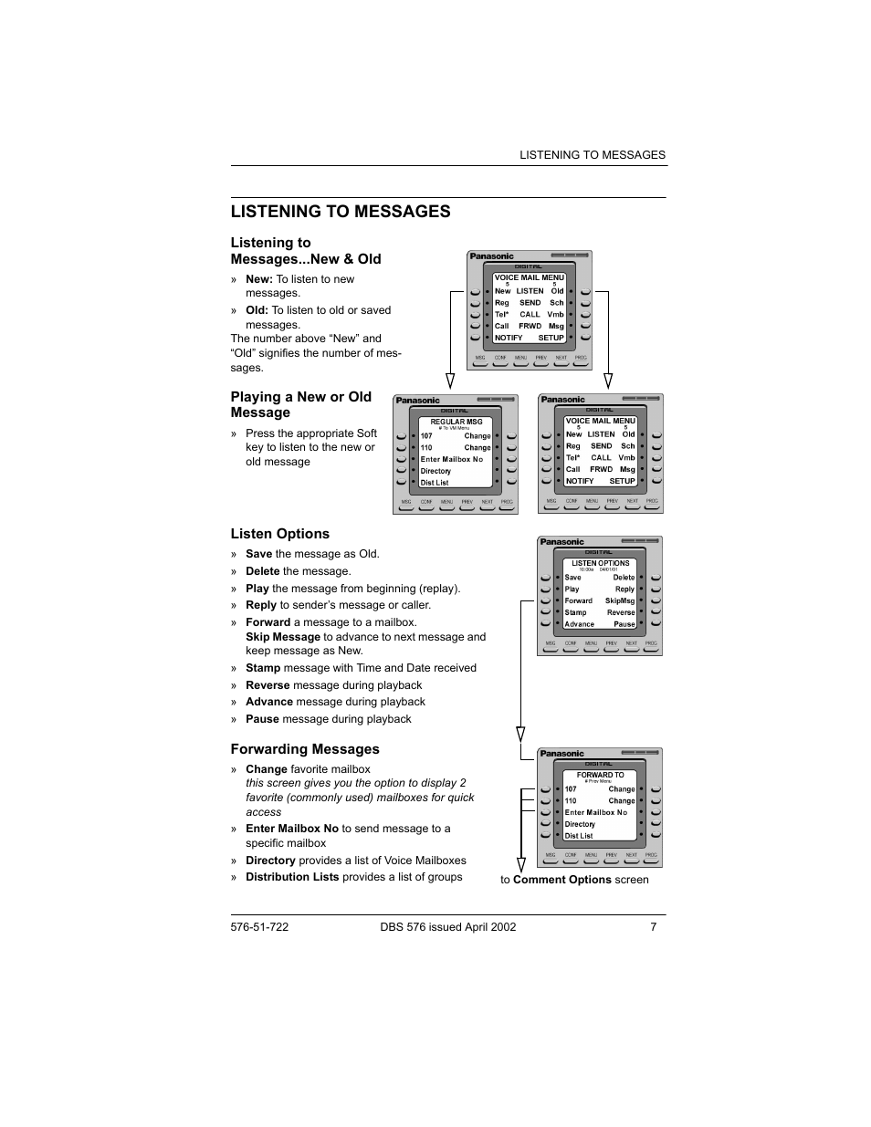 Listening to messages, Listening to messages...new & old, Playing a new or old message | Listen options, Forwarding messages | Panasonic DBS 576 User Manual | Page 7 / 18