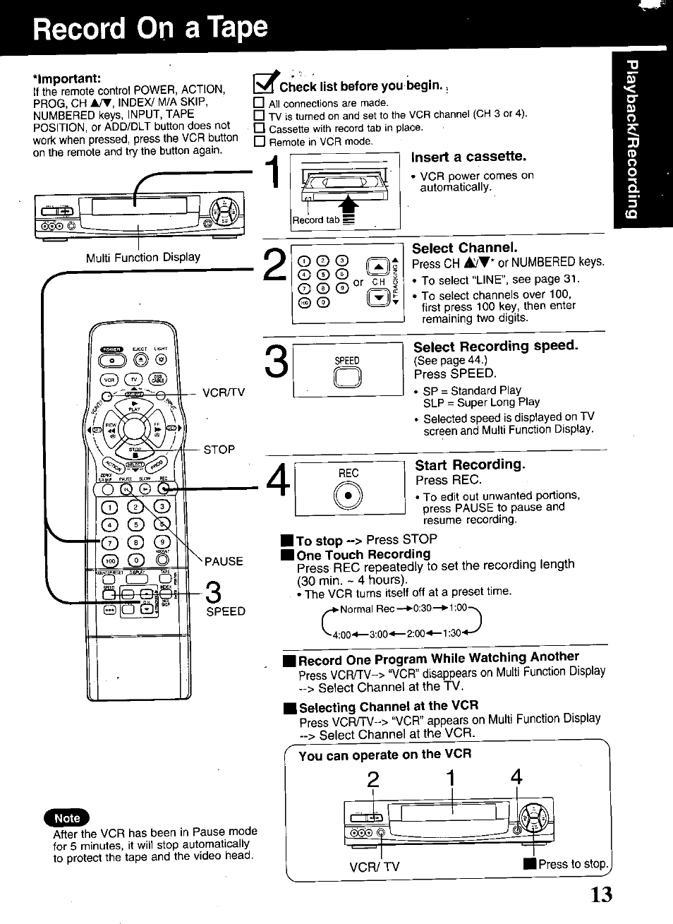 Insert a cassette, Select channel, Select recording speed | Start recording, Record on a tape | Panasonic OMNIVISION PV-S9670 User Manual | Page 13 / 56