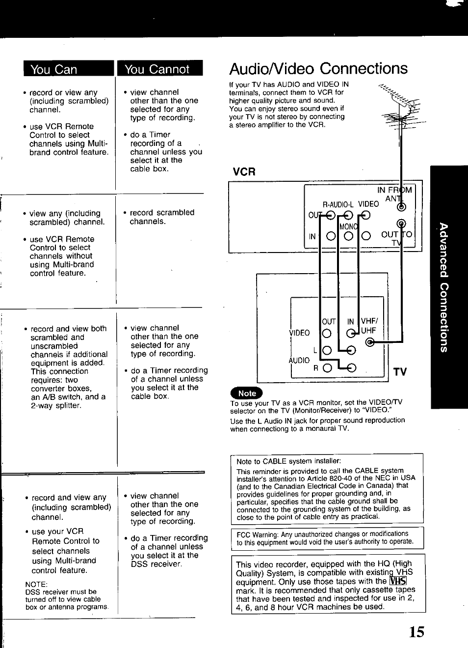 Audioa/ideo connections, You can you cannot 1 | Panasonic OMNIVISION PV-S9670 User Manual | Page 15 / 56