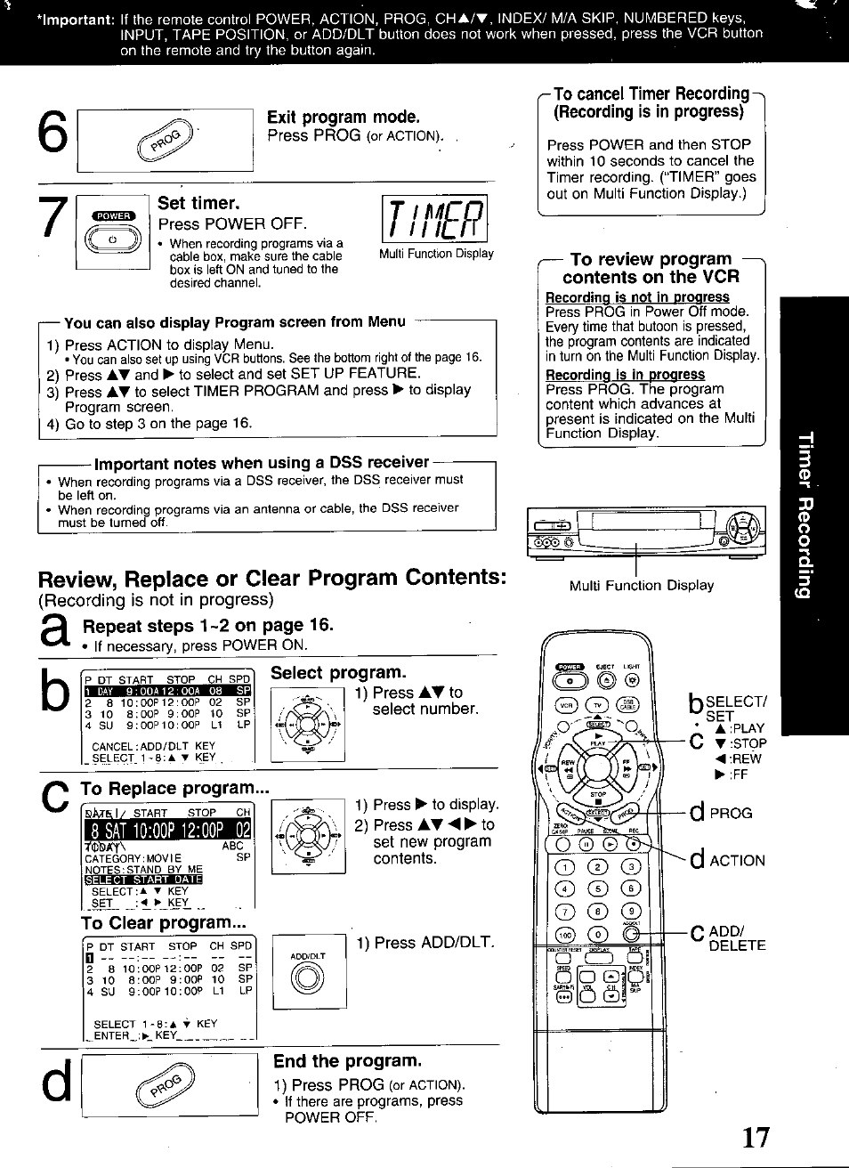 Review, replace or clear program contents, Select program, To replace program | To clear program, To review program — contents on the vcr, Timep | Panasonic OMNIVISION PV-S9670 User Manual | Page 17 / 56