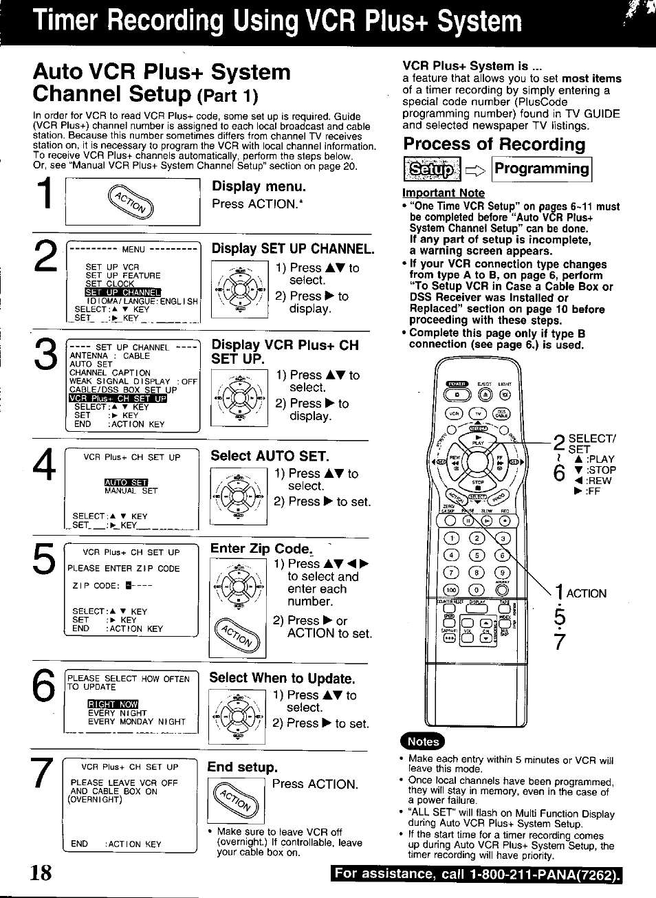 Display menu, Display set up channel, Display vcr plus+ ch set up | Select auto set, Enter zip code, Select when to update, End setup, Programming, Timer recording using vcr plus+ system, Auto vcr plus+ system channel setup | Panasonic OMNIVISION PV-S9670 User Manual | Page 18 / 56