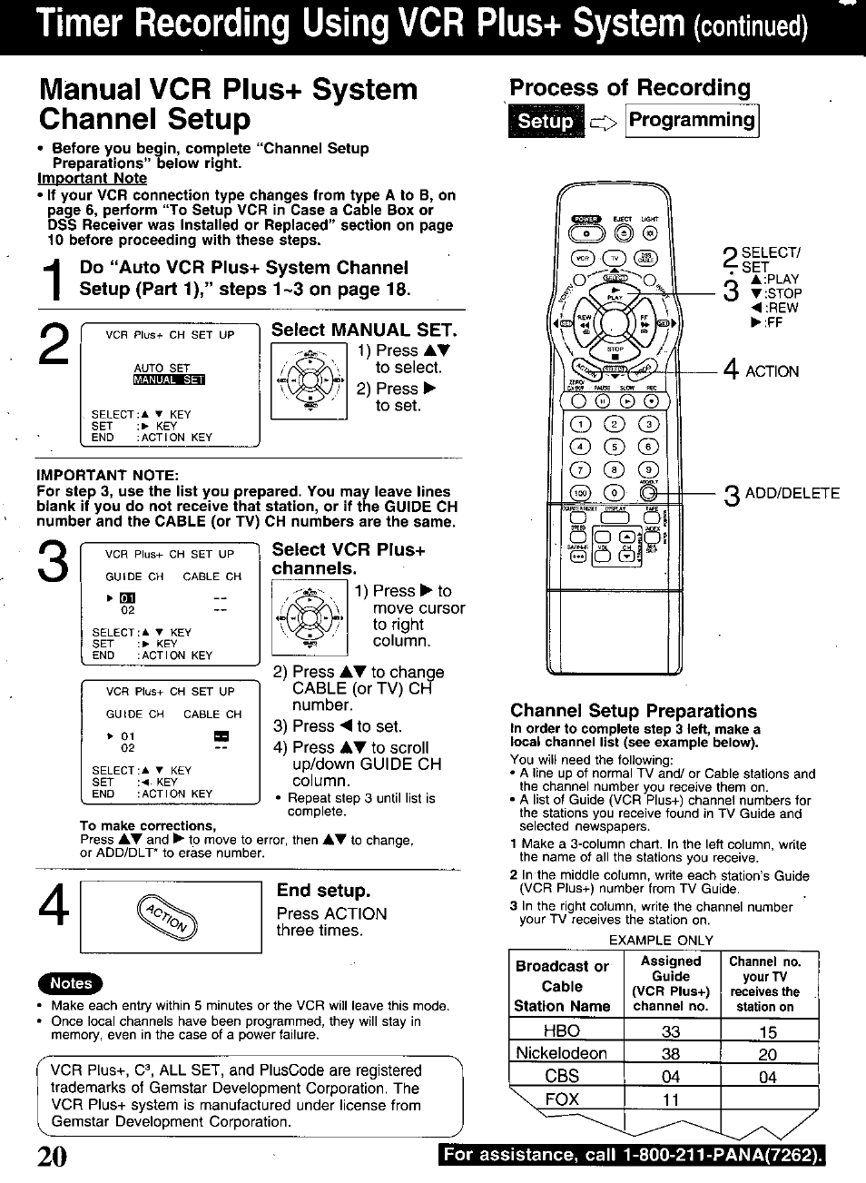 Select manual set, Select vcr plus+ channels, End setup | C> programming, Channel setup preparations, Timer recording using vcr plus+ system, Manual vcr plus+ system channel setup, Continued) | Panasonic OMNIVISION PV-S9670 User Manual | Page 20 / 56