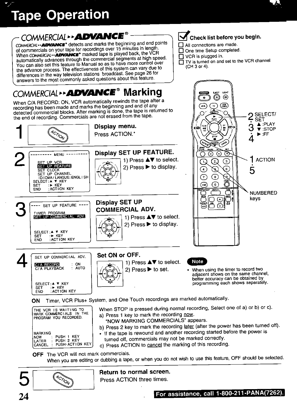 Display menu, Display set up feature, 1^^check list before you begin | Display set up commercial adv, Set on or off, Return to normal screen, For assistance, call 1-800-211-pana(7262), Tape operation, Commekial-^-jkdvancb^ marking, Commerciai-'^aavaftcb | Panasonic OMNIVISION PV-S9670 User Manual | Page 24 / 56