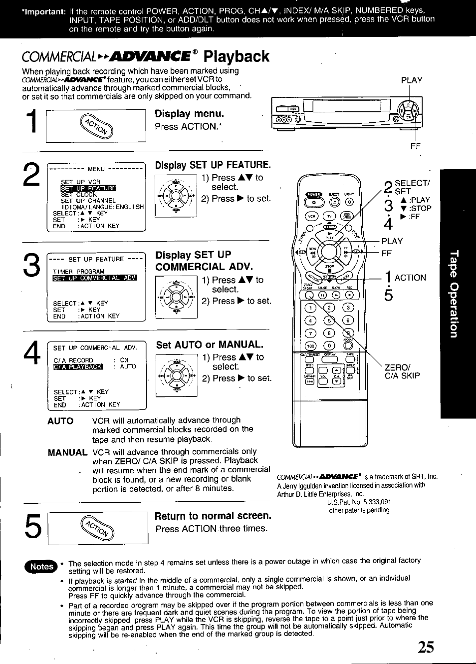 Display menu, Display set up commercial adv, Set auto or manual | Return to normal screen, Commeroal'^'^advance^ playback | Panasonic OMNIVISION PV-S9670 User Manual | Page 25 / 56