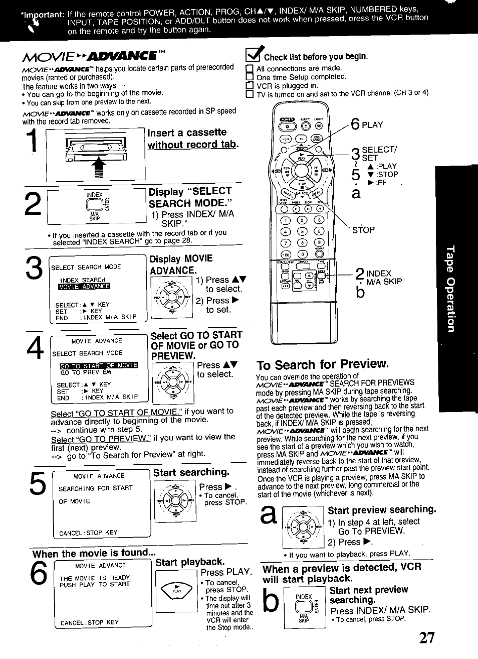 Insert a cassette without record tab, Display “select search mode, Display movie advance | Select go to start of movie or go to preview, Start searching, When the movie is found, Start playback, To search for preview, Start preview searching, T start next preview searching | Panasonic OMNIVISION PV-S9670 User Manual | Page 27 / 56