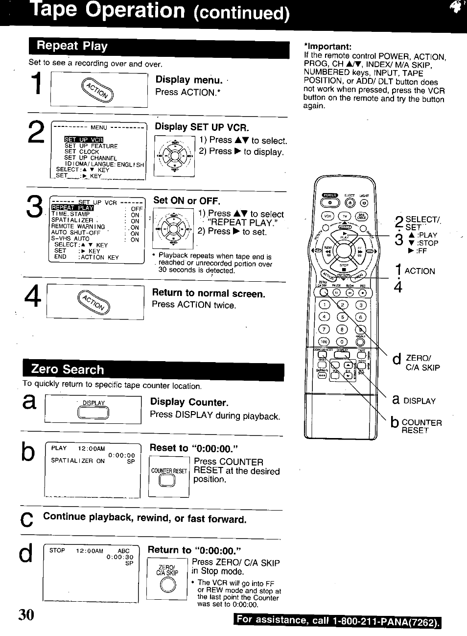 Repeat play, Display menu, Display set up vcr | Set on or off, Return to normal screen, Zero search, Display counter, Reset to “0:00:00, Continue playback, rewind, or fast forward, Return to “0:00:00 | Panasonic OMNIVISION PV-S9670 User Manual | Page 30 / 56