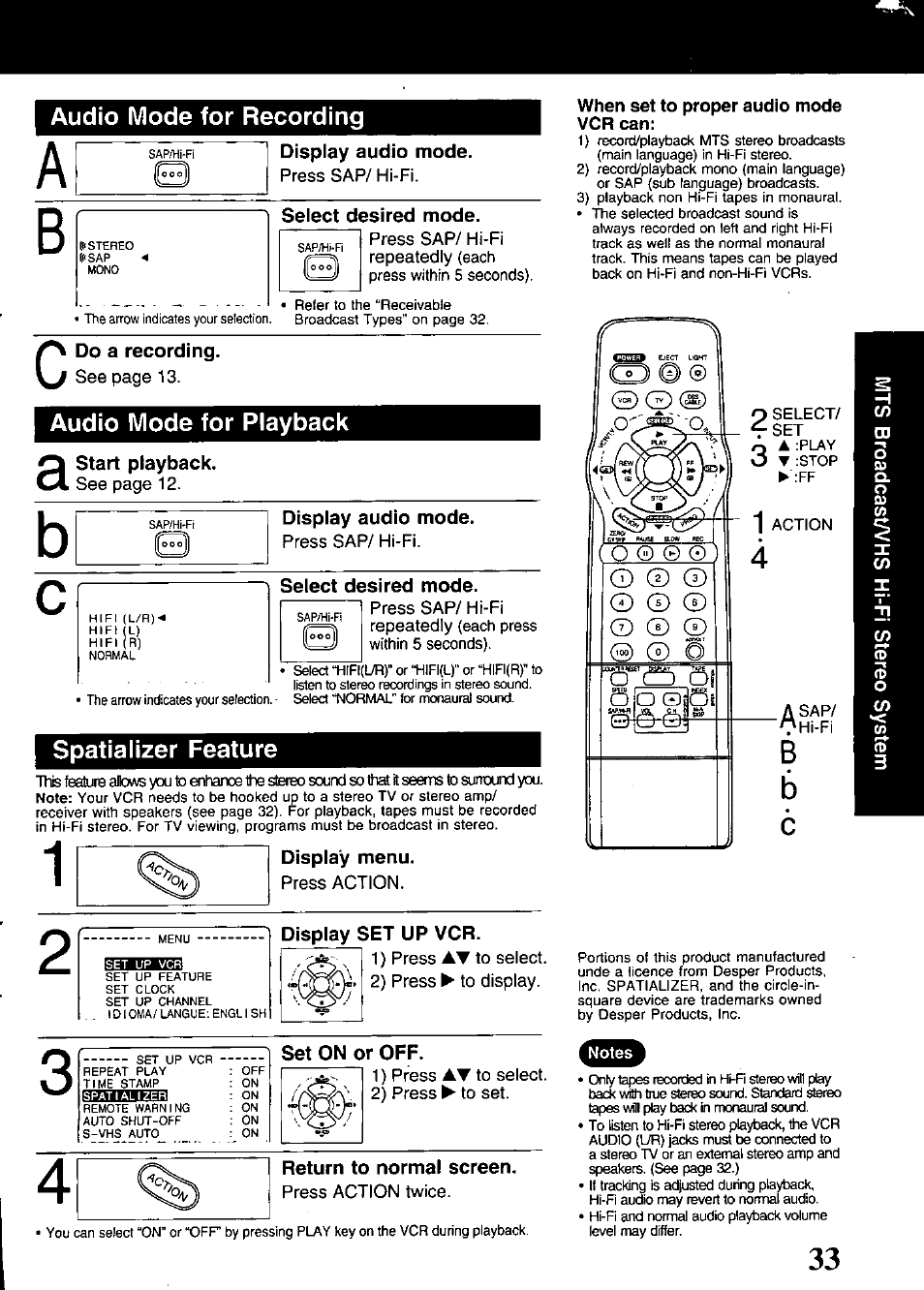 Select desired mode, Do a recording, Audio mode for playback | Start playback, Display audio mode, Spatializer feature, Display menu, Display set up vcr, Set on or off, Return to normal screen | Panasonic OMNIVISION PV-S9670 User Manual | Page 33 / 56