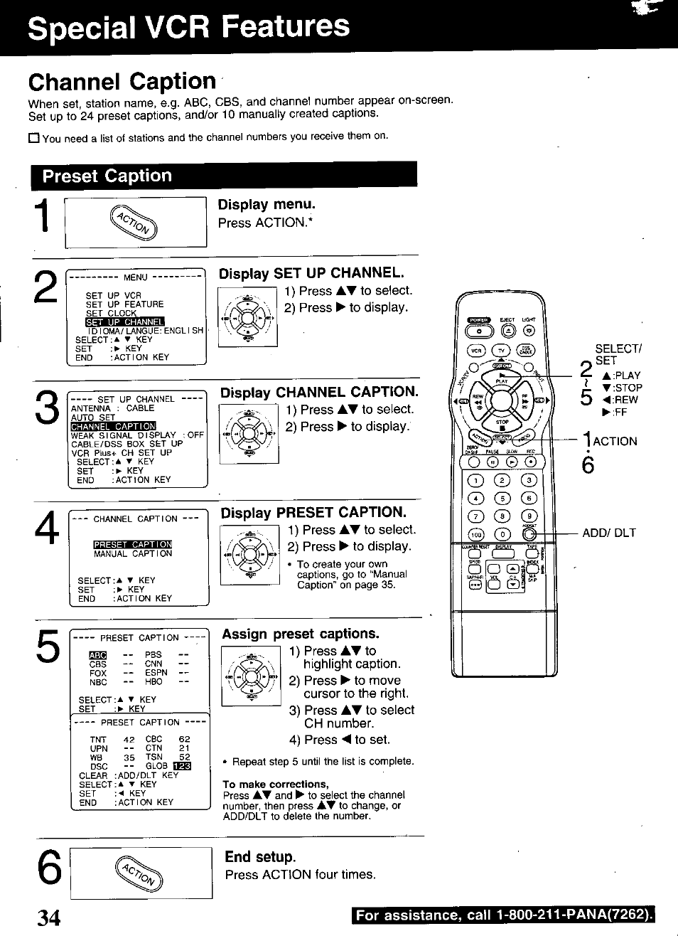 Preset caption, Display menu, Display set up channel | Display channel caption, Display preset caption, Assign preset captions, End setup, For assistance, call 1-800-211-pana(7262), Special vcr features, Channel caption | Panasonic OMNIVISION PV-S9670 User Manual | Page 34 / 56
