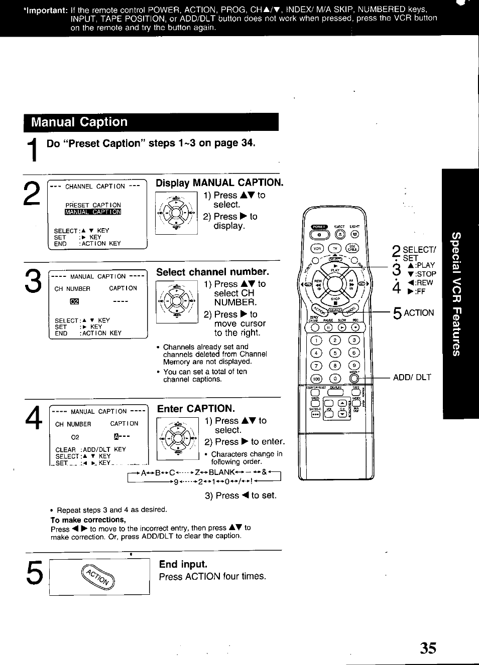 Manual caption, Display manual caption, Select channel number | Enter caption, End input | Panasonic OMNIVISION PV-S9670 User Manual | Page 35 / 56