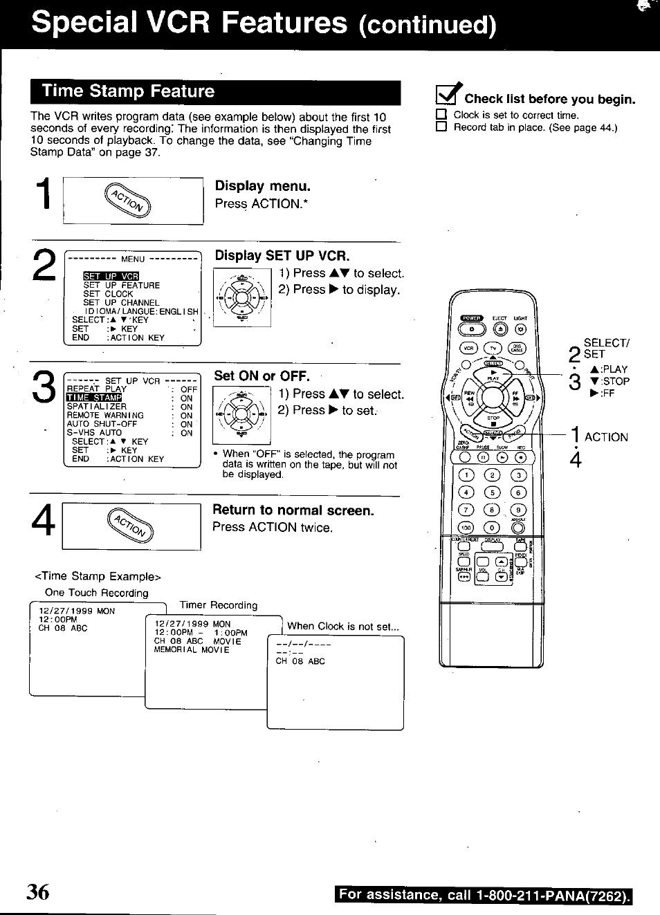 Time stamp feature, Check list before you begin, Display menu | Display set up vcr, Set on or off, Return to normal screen, Special vcr features, Continued) | Panasonic OMNIVISION PV-S9670 User Manual | Page 36 / 56