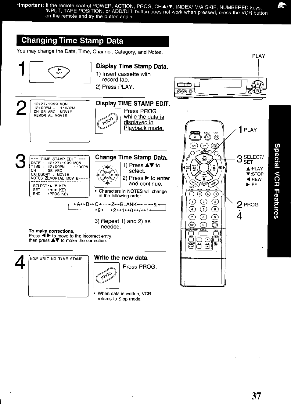 Changing time stamp data, Display time stamp data, Display time stamp edit | Change time stamp data, Write the new data | Panasonic OMNIVISION PV-S9670 User Manual | Page 37 / 56