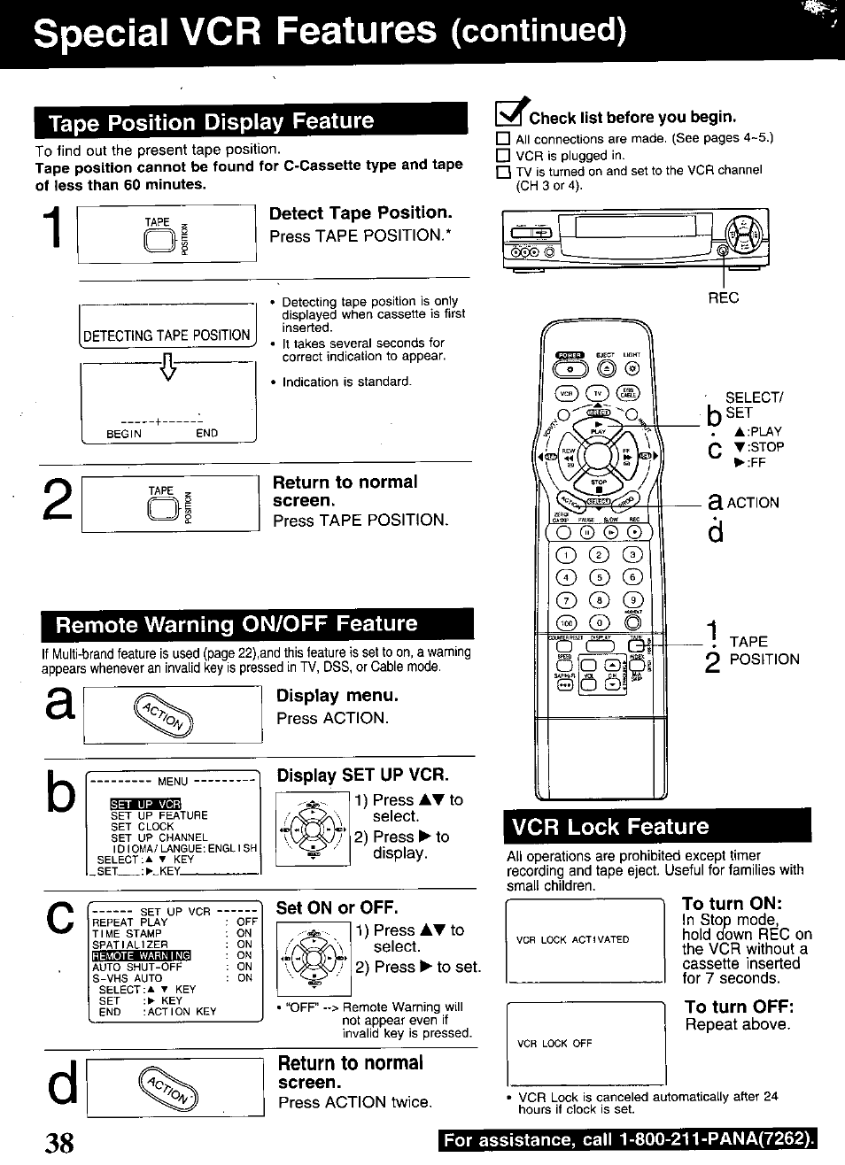 Tape position display feature, Detect tape position, Return to normal screen | Remote warning on/off feature, Display menu, Display set up vcr, Set on or off, Return to normal, Screen, Check list before you begin | Panasonic OMNIVISION PV-S9670 User Manual | Page 38 / 56