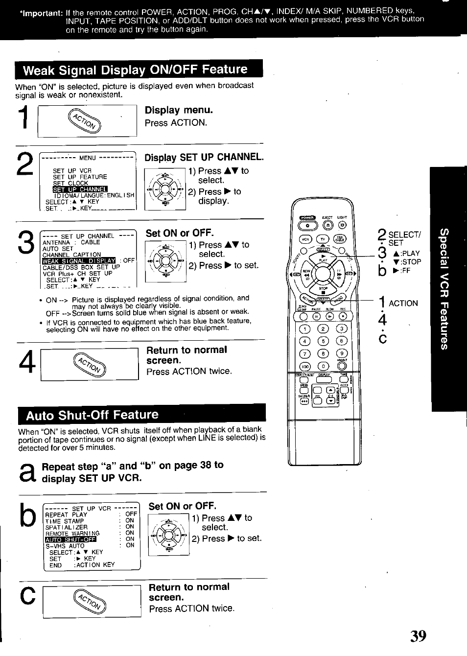 Weak signal display on/off feature, Display menu, Display set up channel | Set on or off, Return to normal screen, Auto shut-off feature | Panasonic OMNIVISION PV-S9670 User Manual | Page 39 / 56