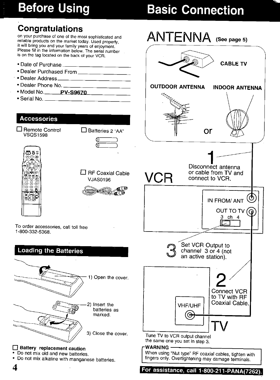 Accessories, Loading the batteries, Antenna | Basic connection | Panasonic OMNIVISION PV-S9670 User Manual | Page 4 / 56