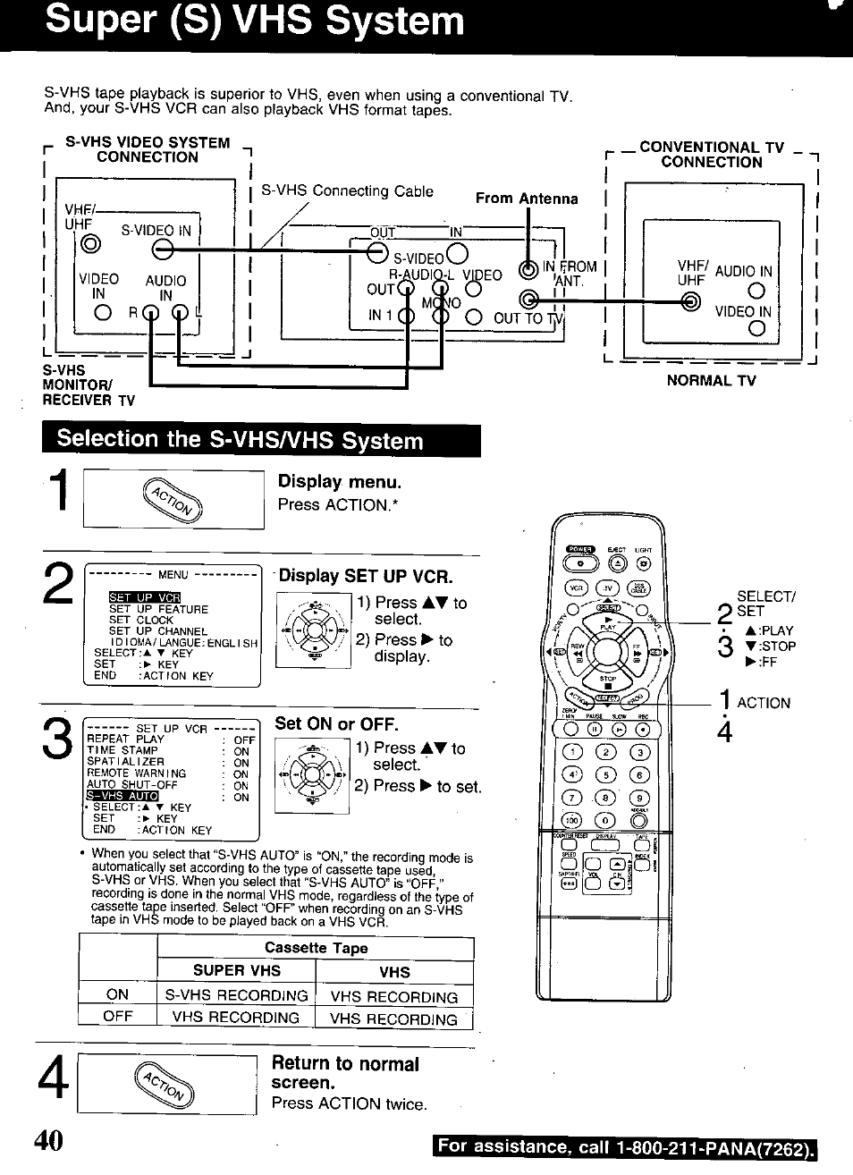 Selection the s-vhs/vhs system, Display menu, Display set up vcr | Set on or off, Return to normal, Screen, Super (s) vhs system | Panasonic OMNIVISION PV-S9670 User Manual | Page 40 / 56