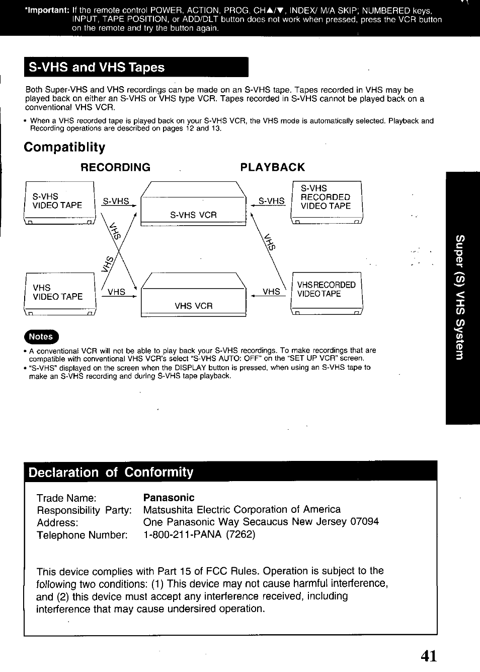 S-vhs and vhs tapes, Compatiblity, Recording | Declaration of conformity, Panasonic, Recording playback | Panasonic OMNIVISION PV-S9670 User Manual | Page 41 / 56