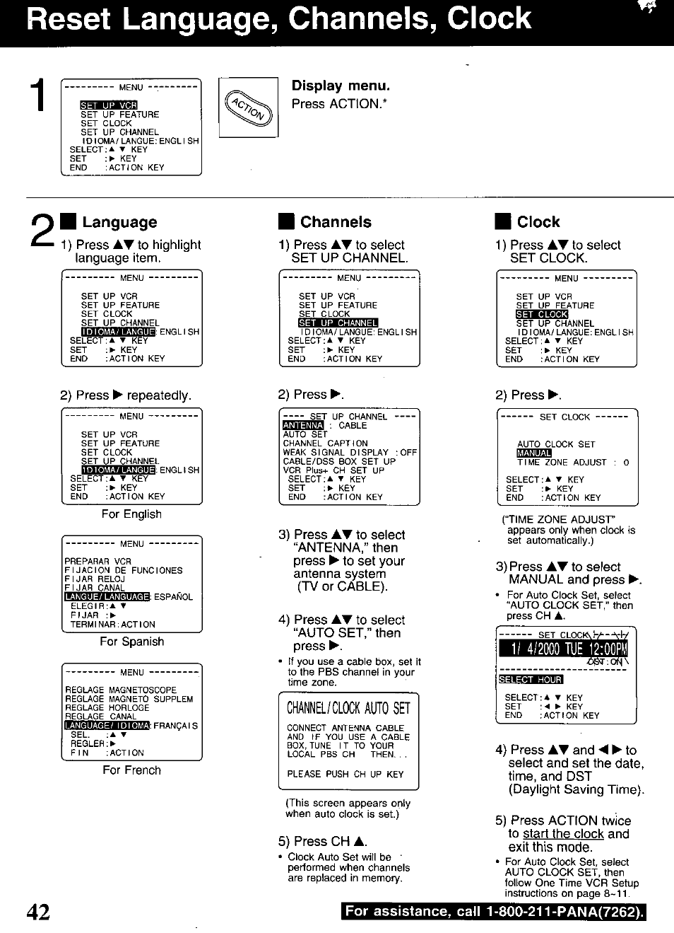 Display menu, Ш language, Channels | Clock, Reset language, channels, clock, Channel/clock auto set | Panasonic OMNIVISION PV-S9670 User Manual | Page 42 / 56