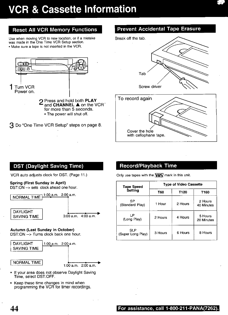 Reset all vcr memory functions, Prevent accidental tape erasure, Dst (daylight saving time) | Vcr & cassette information | Panasonic OMNIVISION PV-S9670 User Manual | Page 44 / 56