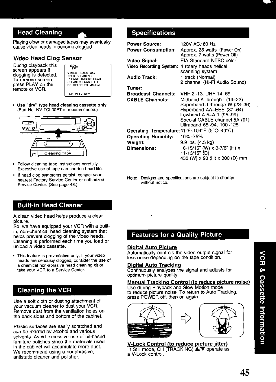 Video head clog sensor, Built-in head cleaner, Cleaning the vcr | Features for a quality picture, Jkfw, Head cleaning, Specifications | Panasonic OMNIVISION PV-S9670 User Manual | Page 45 / 56