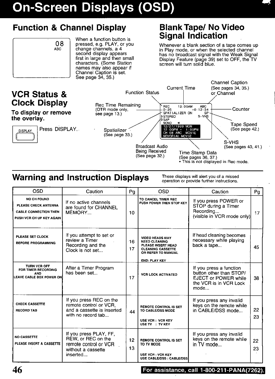 To display or remove the overlay, On-screen displays (osd), Function & channel display | Blank tape/ no video signal indication, Vcr status & clock display, Warning and instruction displays | Panasonic OMNIVISION PV-S9670 User Manual | Page 46 / 56
