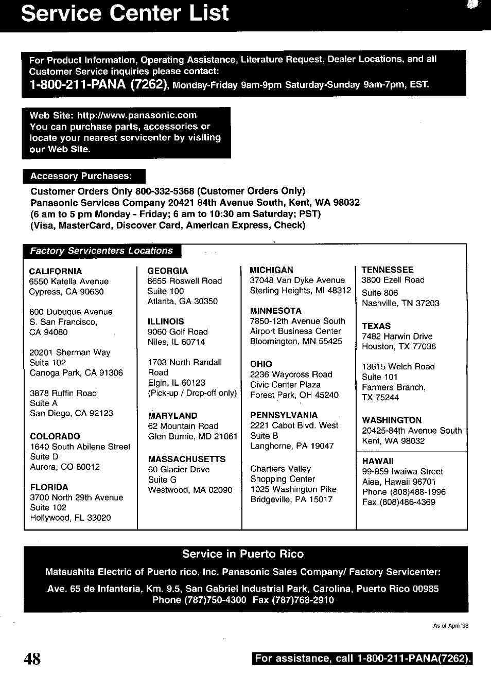 Service in puerto rico, Service center list, Factory servicenters locations | Panasonic OMNIVISION PV-S9670 User Manual | Page 48 / 56