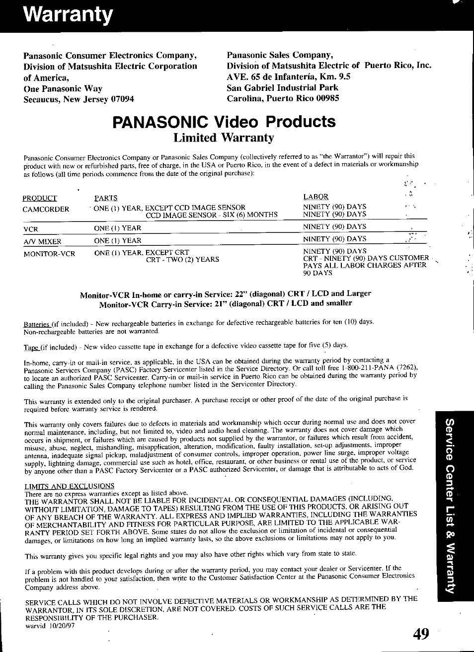 Limited warranty, Warranty | Panasonic OMNIVISION PV-S9670 User Manual | Page 49 / 56