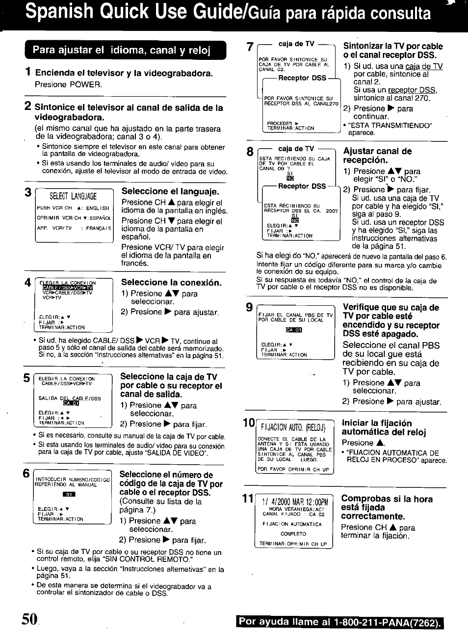 Para ajustar el idioma, canal y reloj, Quick, Guide/guia para rápida consulta | Spanish | Panasonic OMNIVISION PV-S9670 User Manual | Page 50 / 56
