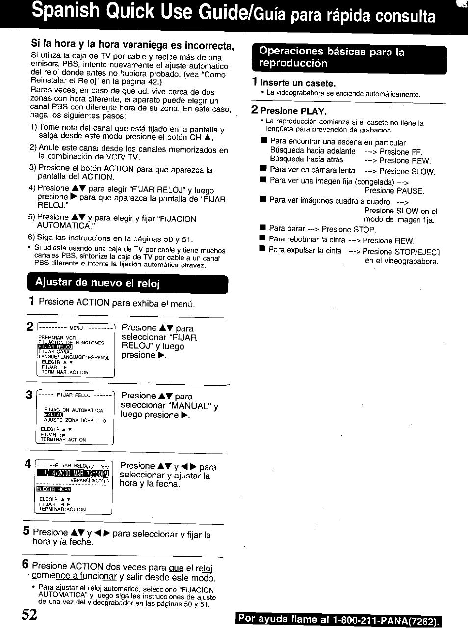Si la hora y la hora veraniega es incorrecta, Operaciones básicas para la reproducción, Ajustar de nuevo el reloj | Spanish quick use guide/guia para rápida consulta | Panasonic OMNIVISION PV-S9670 User Manual | Page 52 / 56