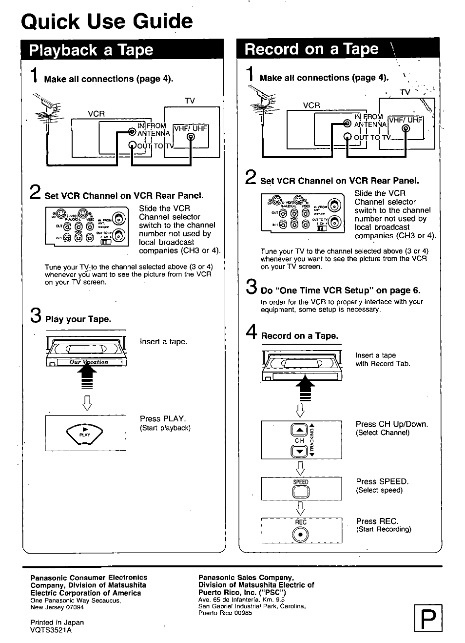 Quick use guide, Playback a tape, Record on a tape | Panasonic OMNIVISION PV-S9670 User Manual | Page 56 / 56