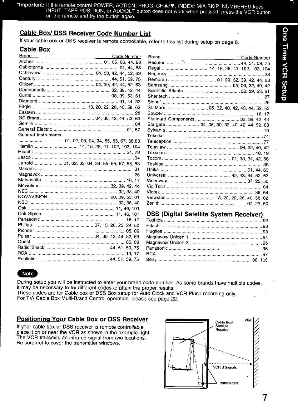 Cable box/ dss receiver code number list, Cable box, Positioning your cable box or dss receiver | Panasonic OMNIVISION PV-S9670 User Manual | Page 7 / 56