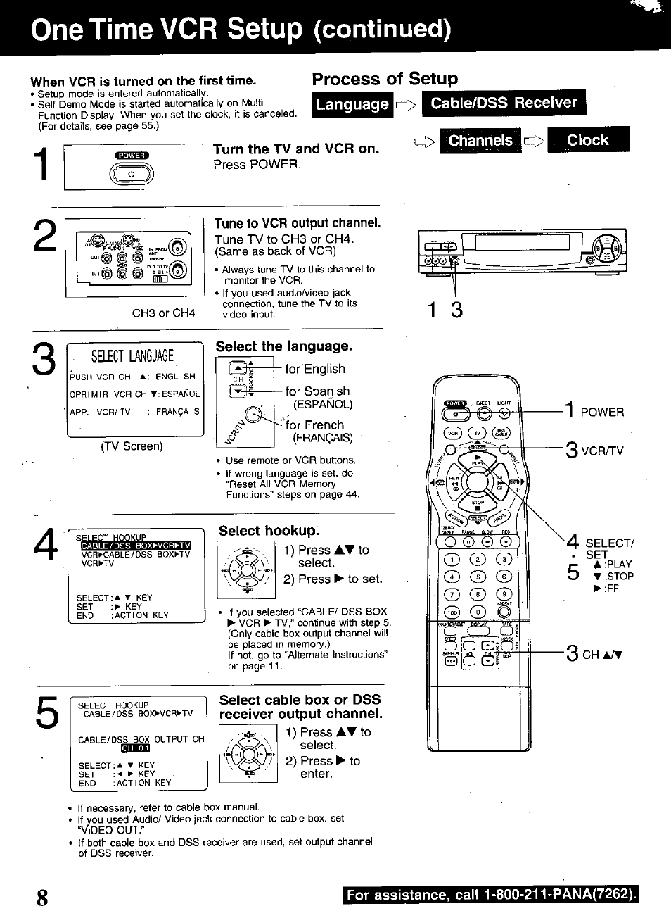 Language cable/dss receiver, Turn the tv and vcr on, Channels | Clock, Tune to vcr output channel, Select the language, Select hookup, Select cable box or dss receiver output channel, One time, Setup | Panasonic OMNIVISION PV-S9670 User Manual | Page 8 / 56