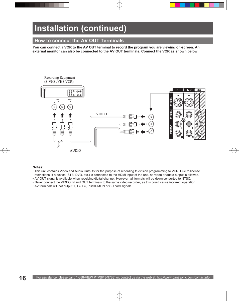 Installation (continued), How to connect the av out terminals | Panasonic PT-56LCX16 User Manual | Page 16 / 80