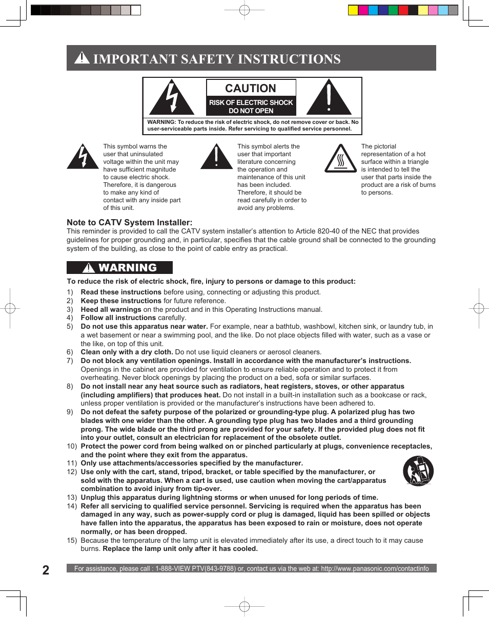 To start, Important safety instructions, Caution | Warning | Panasonic PT-56LCX16 User Manual | Page 2 / 80
