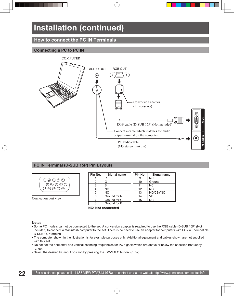 Installation (continued), How to connect the pc in terminals | Panasonic PT-56LCX16 User Manual | Page 22 / 80