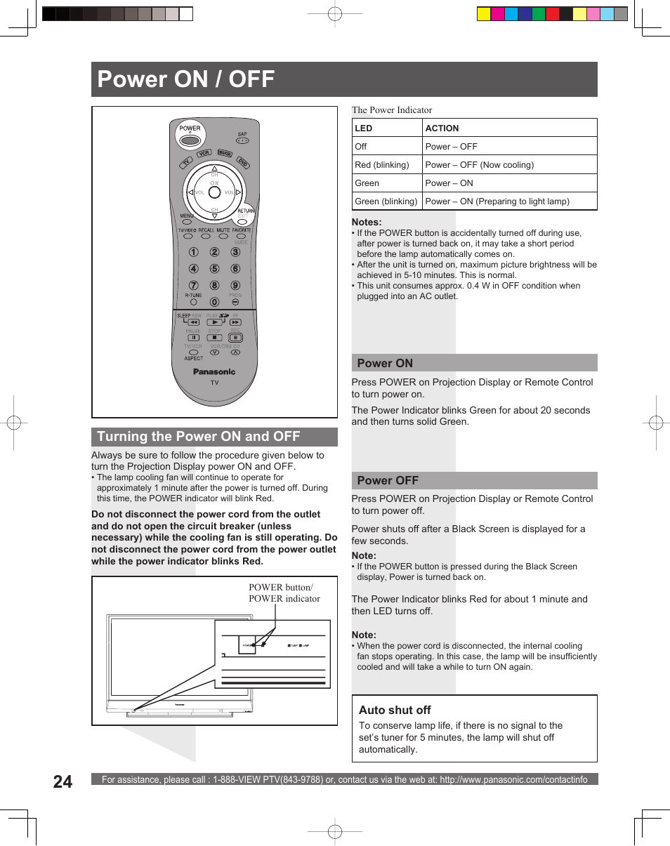 Use now, Power on / off, Turning the power on and off | Panasonic PT-56LCX16 User Manual | Page 24 / 80
