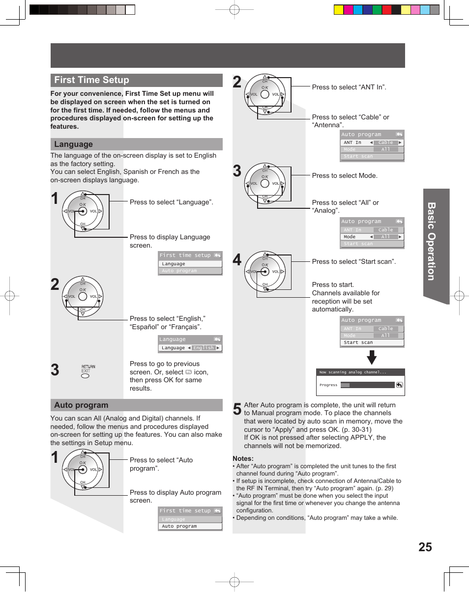 Basic operation, First time setup | Panasonic PT-56LCX16 User Manual | Page 25 / 80