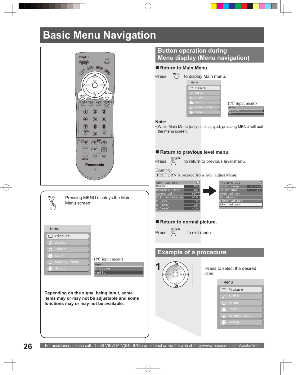 Basic menu navigation, Example of a procedure | Panasonic PT-56LCX16 User Manual | Page 26 / 80