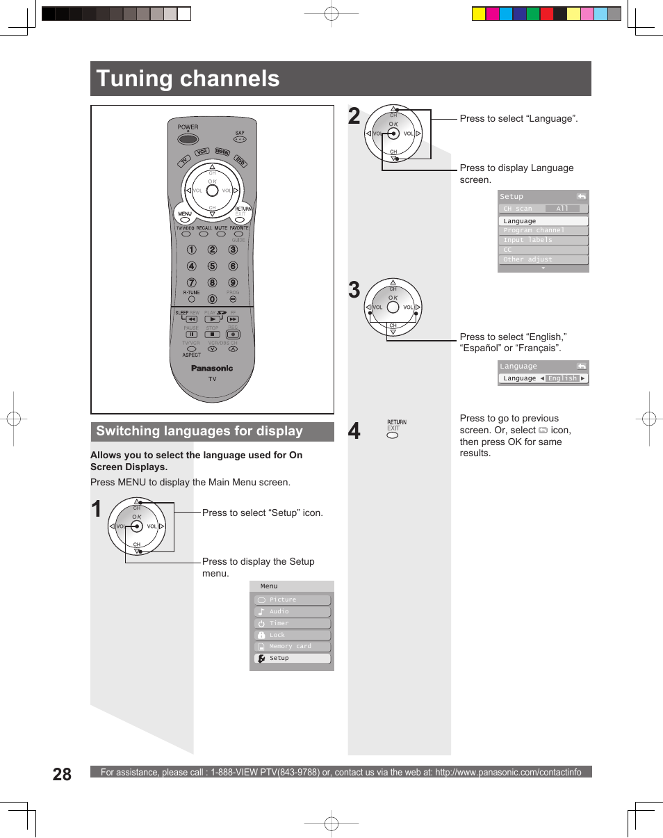 Tuning channels, Switching languages for display | Panasonic PT-56LCX16 User Manual | Page 28 / 80