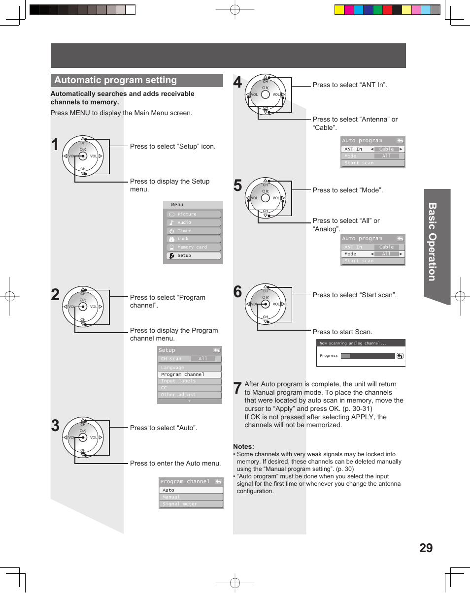 Basic operation, Automatic program setting | Panasonic PT-56LCX16 User Manual | Page 29 / 80