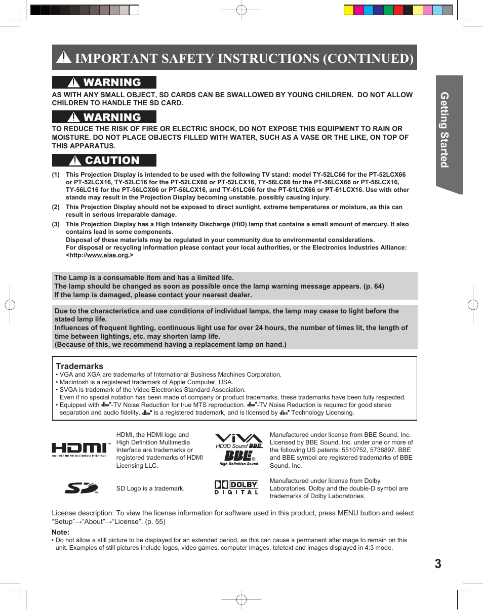 Important safety instructions (continued), Getting start ed, Caution | Warning | Panasonic PT-56LCX16 User Manual | Page 3 / 80