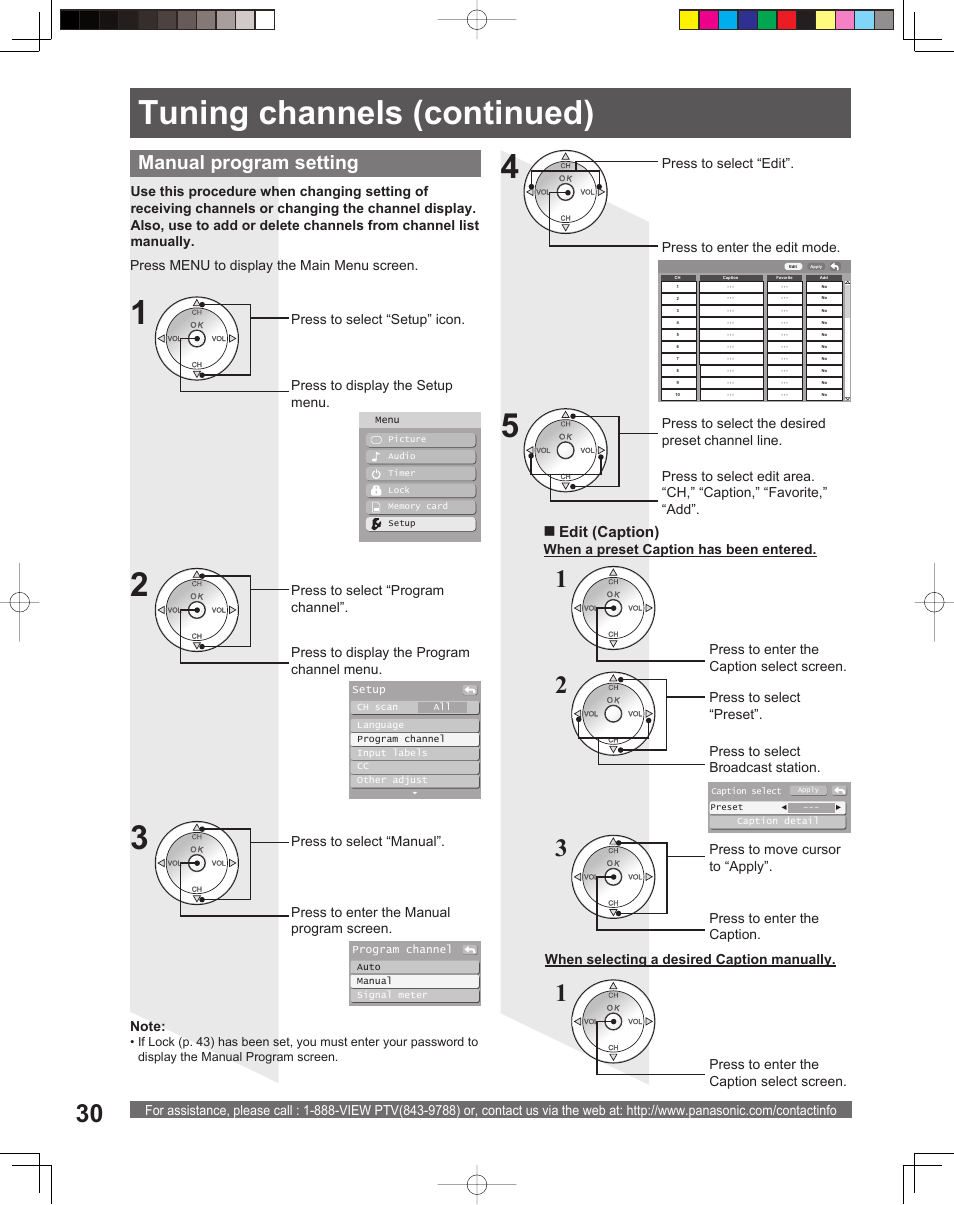 45 tuning channels (continued), Manual program setting, Edit (caption) | Panasonic PT-56LCX16 User Manual | Page 30 / 80