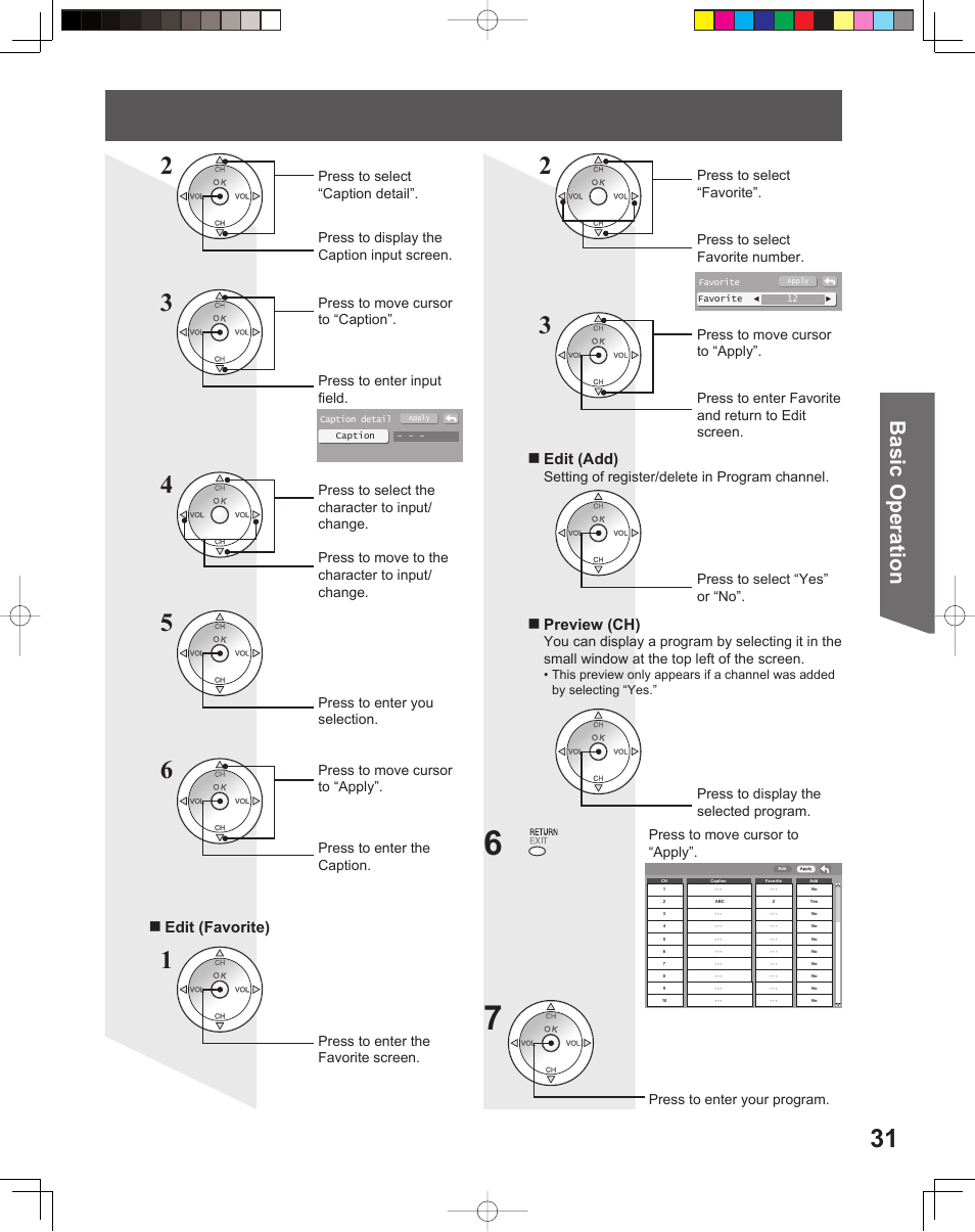 Basic operation, Edit (add), Preview (ch) | Edit (favorite) | Panasonic PT-56LCX16 User Manual | Page 31 / 80