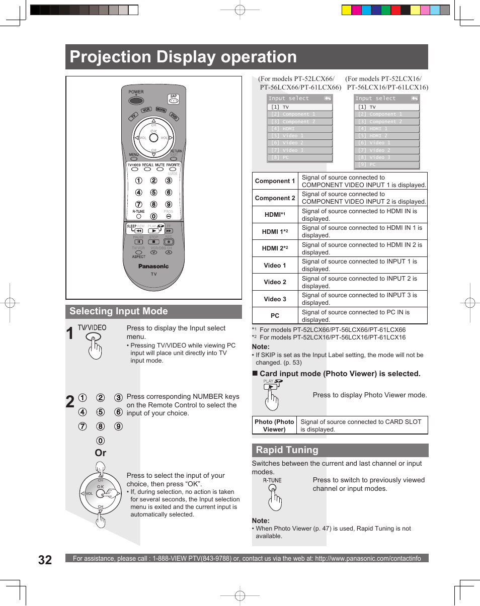 Projection display operation, Rapid tuning, Selecting input mode | Panasonic PT-56LCX16 User Manual | Page 32 / 80