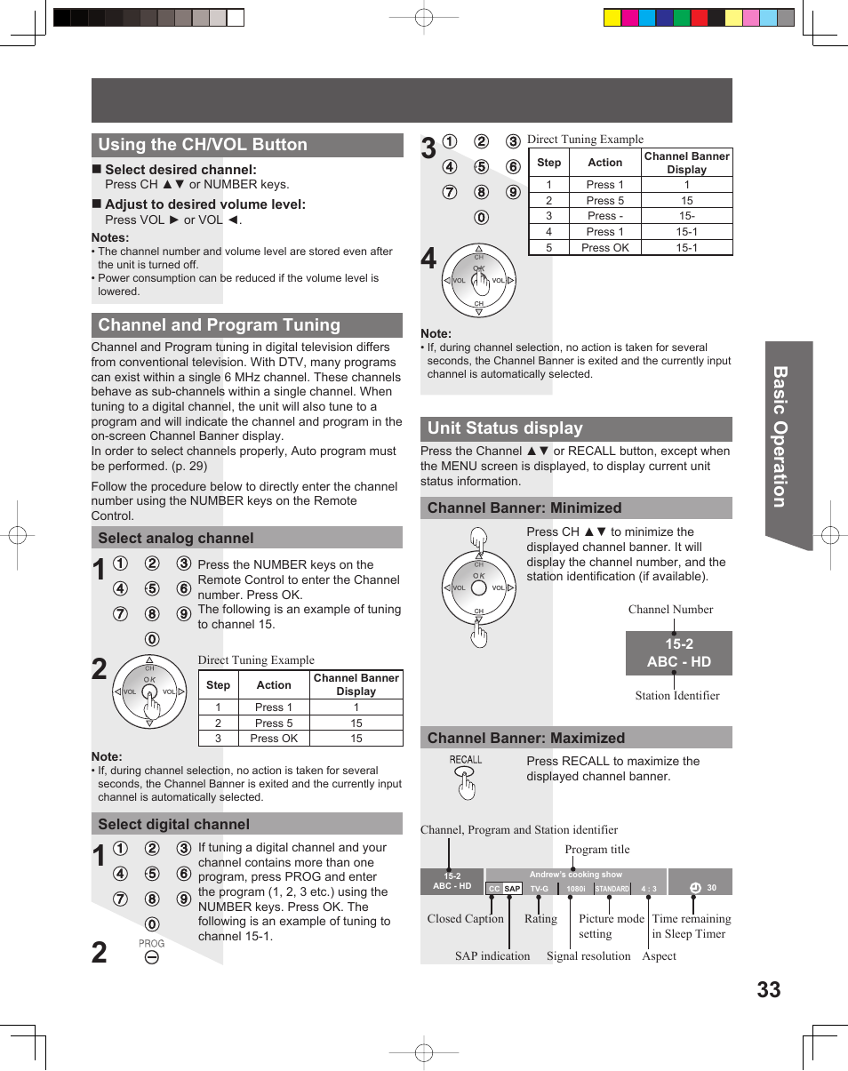 Basic operation, Channel and program tuning, Unit status display | Using the ch/ vol button | Panasonic PT-56LCX16 User Manual | Page 33 / 80