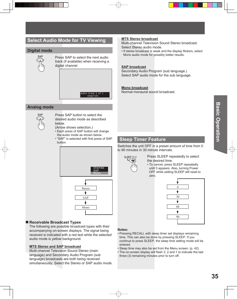 Basic operation, Select audio mode for tv viewing, Sleep timer feature | Panasonic PT-56LCX16 User Manual | Page 35 / 80