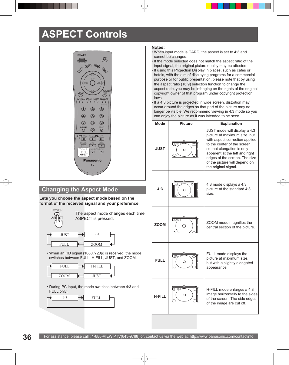 Aspect controls, Aspect con trols, Changing the aspect mode | Panasonic PT-56LCX16 User Manual | Page 36 / 80