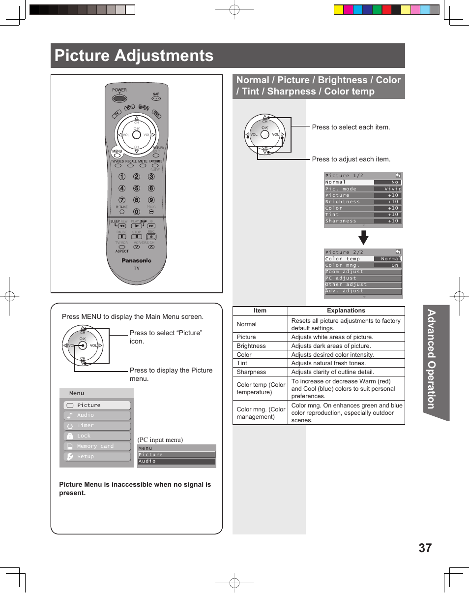 Enjoy more, Picture adjustments, Advanced op er a tion | Panasonic PT-56LCX16 User Manual | Page 37 / 80