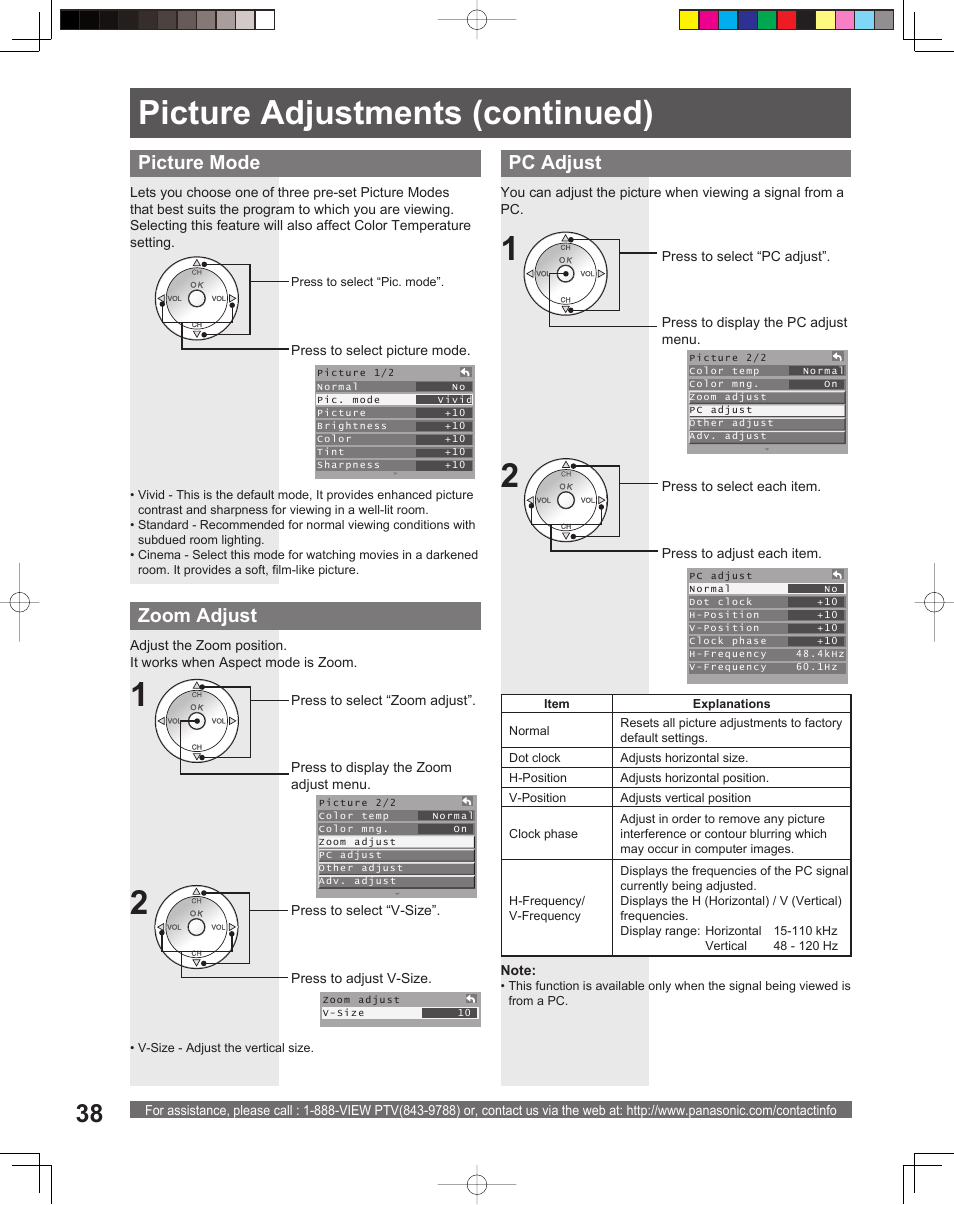Picture adjustments (continued), Pc adjust, Picture mode | Zoom adjust | Panasonic PT-56LCX16 User Manual | Page 38 / 80