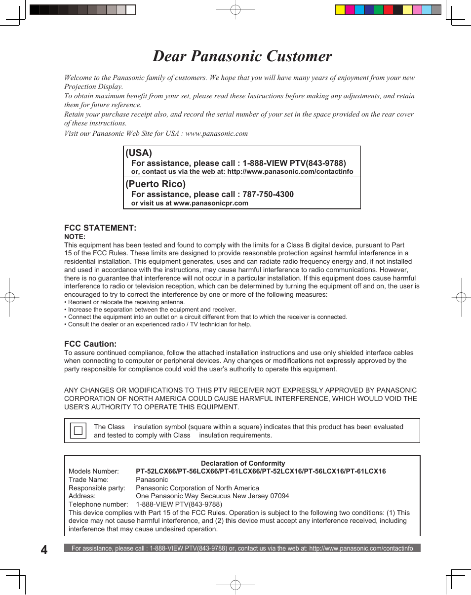 Dear panasonic customer, Usa), Puerto rico) | Panasonic PT-56LCX16 User Manual | Page 4 / 80