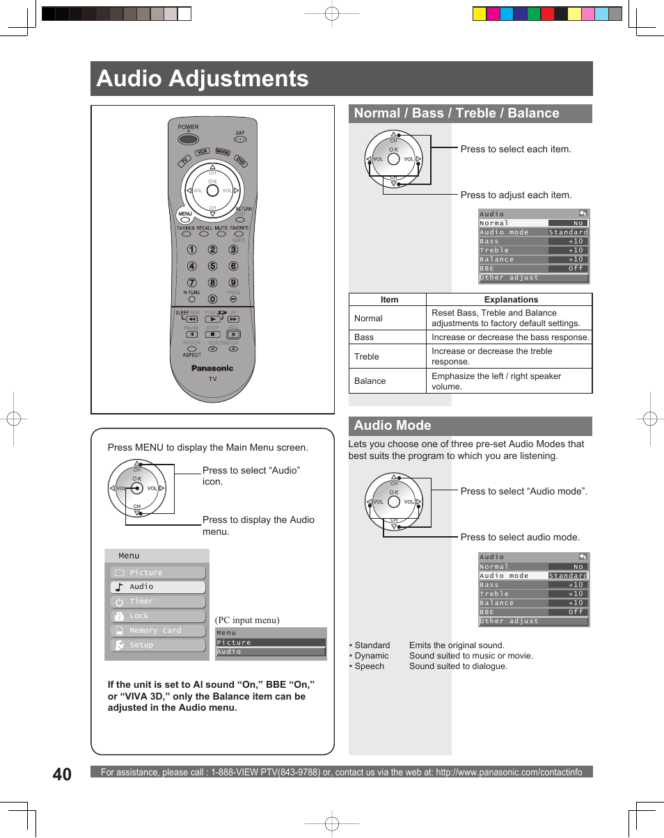 Audio adjustments, Audio ad just ments, Normal / bass / treble / balance | Audio mode | Panasonic PT-56LCX16 User Manual | Page 40 / 80